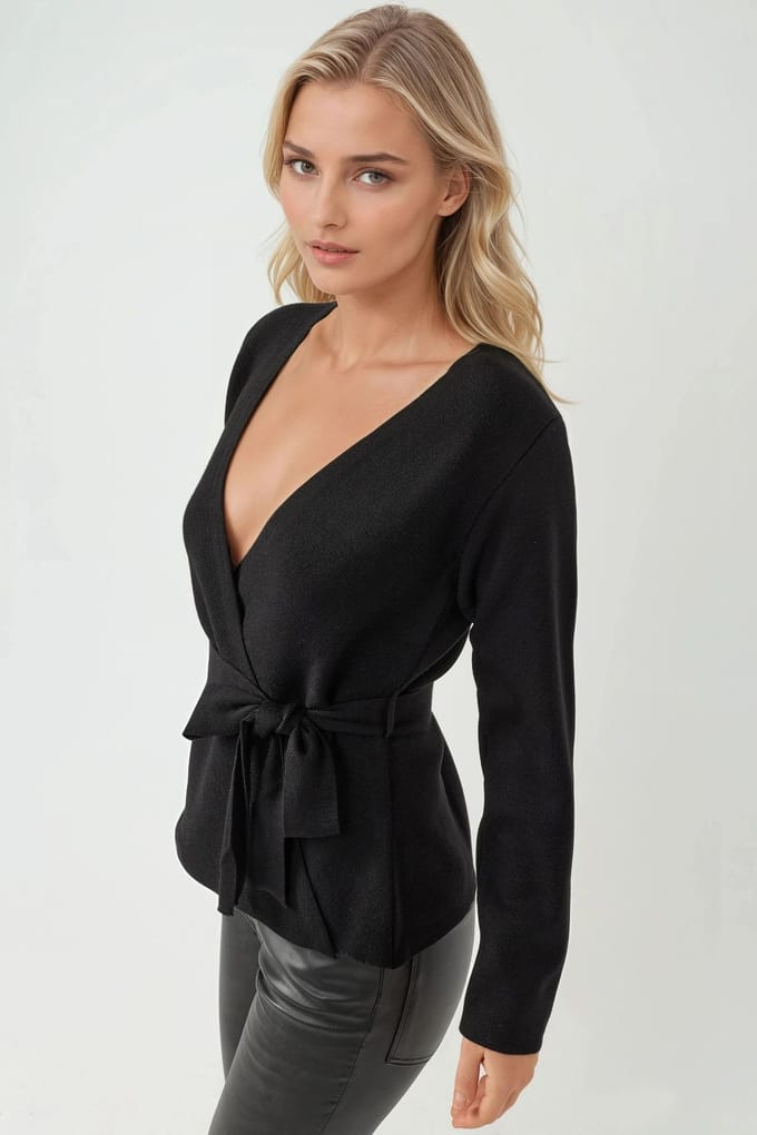 Dubbelgeknoopt Gebreid Cardigan met Tailleband