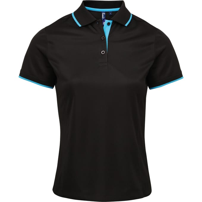 Premier Dames/dames Contrast Coolchecker Poloshirt (Zwart/Turkoois)