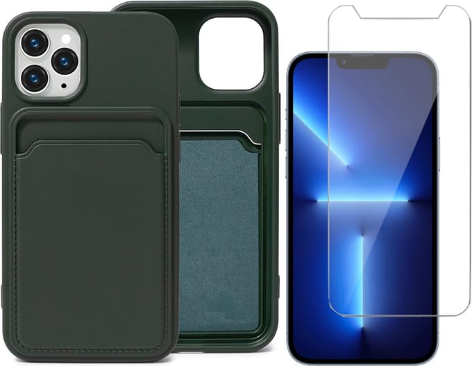 Groen Pasjeshouder Hoesje geschikt voor Apple iPhone 13 Pro Max - Screenprotector Glas - Case met Pasjeshouder