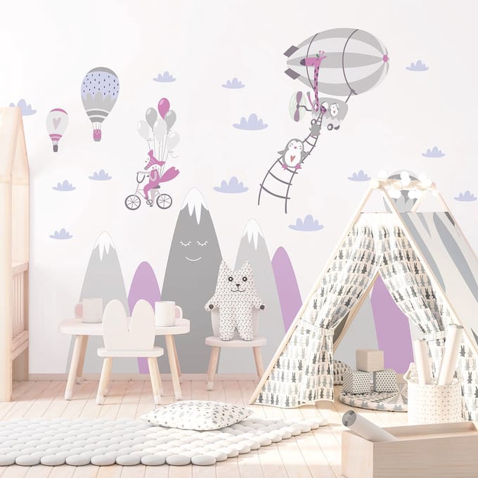 Kinderstickers met Scandinavische bergen en grappige dieren, 100 x 150 cm