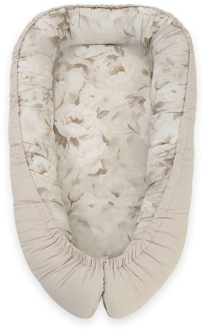 Babynest dubbelzijdig Premium Cocoon voor baby's BOBONO- pioenrozen/ steen