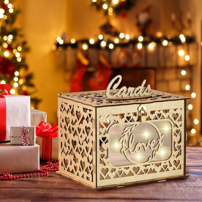 Bruiloftskaartenbox - Houten Cadeaubox - Feestelijke Ontvangst - Met Sluiting - 31 x 25 cm - Goud