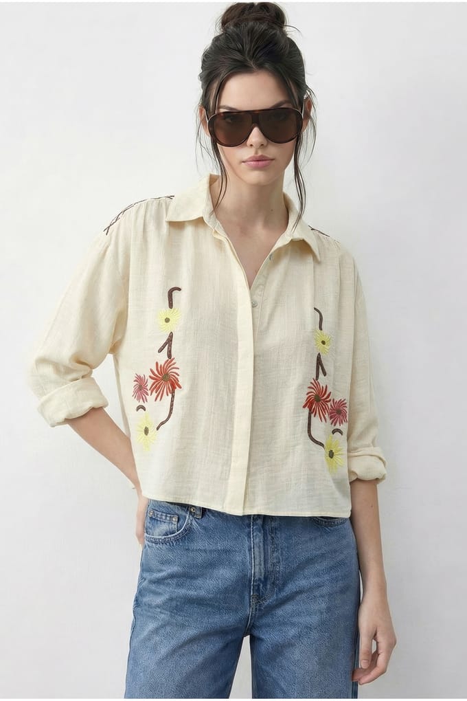 Geborduurd Crop Shirt met Knopfsluiting