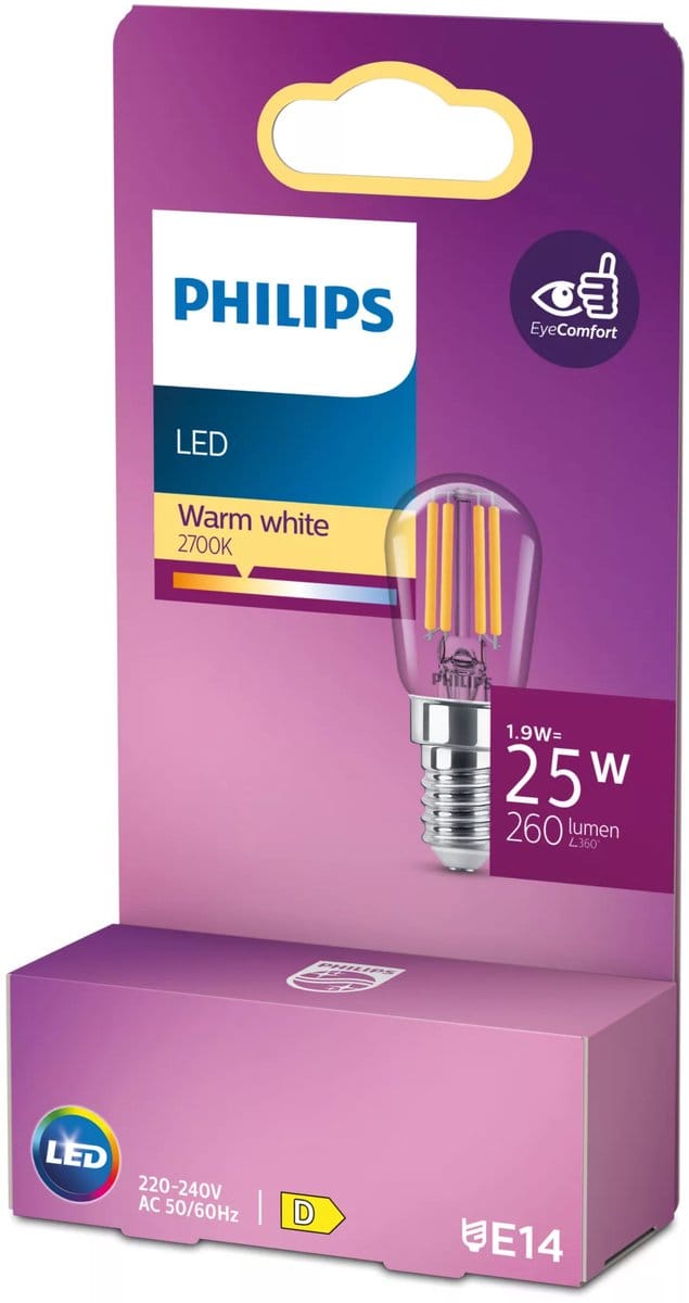 Philips LED lamp - T25 lampvorm - Koelkastlampje met E14 fitting - Warmwit licht: 2700K - 25W - Helder glas