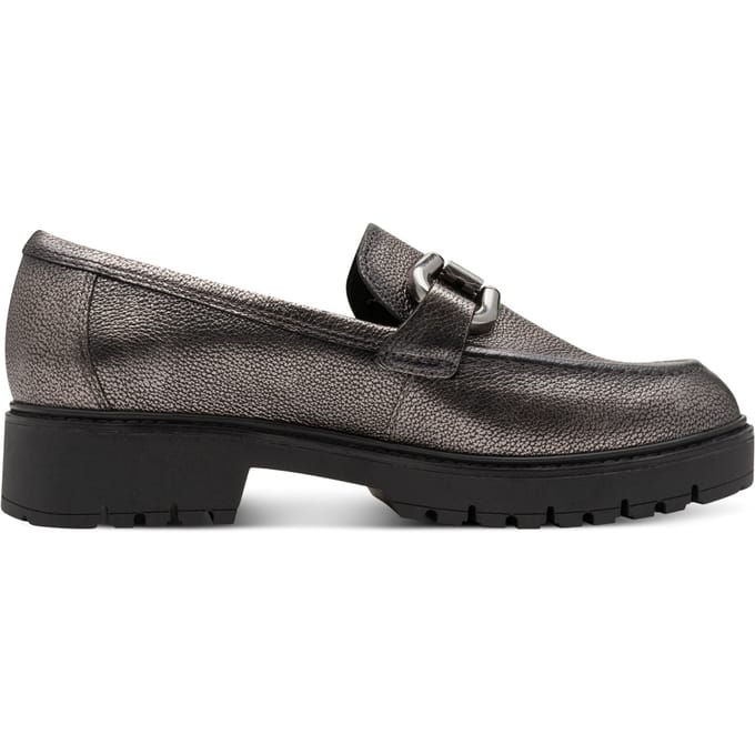 Tamaris Dames Pewter Zilveren Leren Loafers Slip-On Platform Schoenen