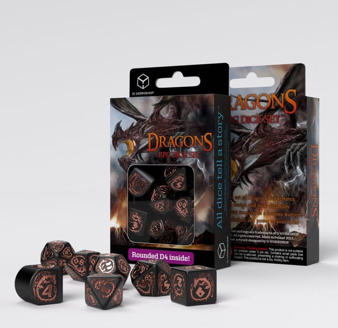 Q-Workshop Draken Modern Dice Set Zwart & Koper (7 stuks)
