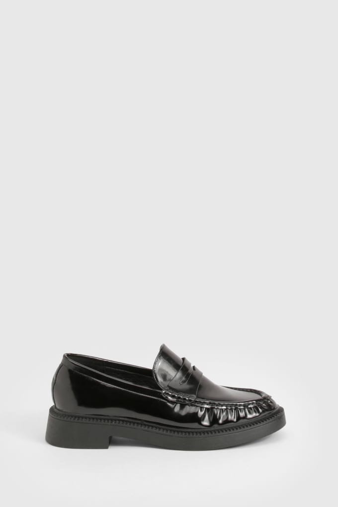 boohoo Dames Patent Gerafelde Patent Loafers | Black | Maat: 3