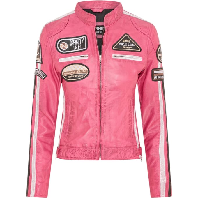 Dames Biker Racing Badges Fuchsia-leren jas-Eastleigh
