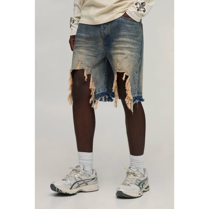 Relaxed Fit Stijve Extreem Gescheurde Denim Shorts | Antique Wash | Size 32