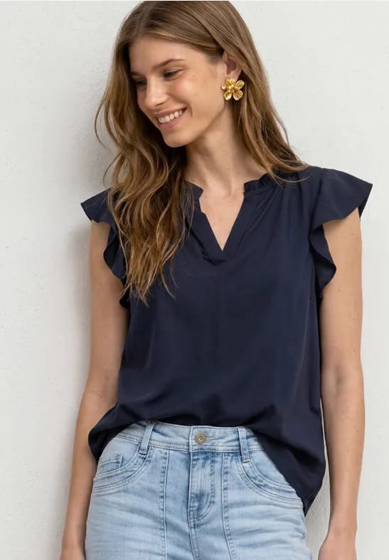 Blouse met split in de hals en volantmouwen