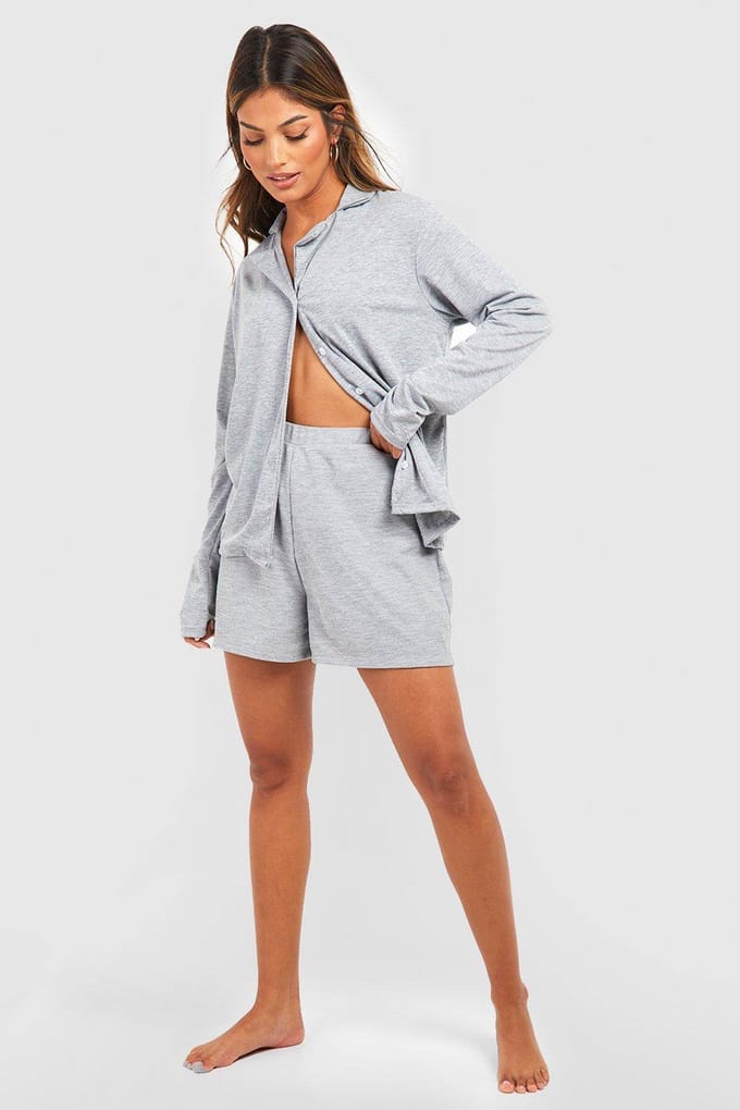 boohoo Dames Jersey Pyjamashirt met Lange Mouwen en Knoopsluiting | Grey Marl | Maat: 12