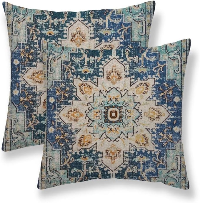 Set van 2 Lichtblauwe Beige Sierkussenslopen 60x60 cm | Boho & Vintage Tapijtpatroon