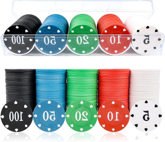 Poker Chips Set - 100 Stuks Genummerde Plastic Poker Chips voor Thuis, Feestjes en Reizen, Inclusief 5/10/20/50/100 Chips