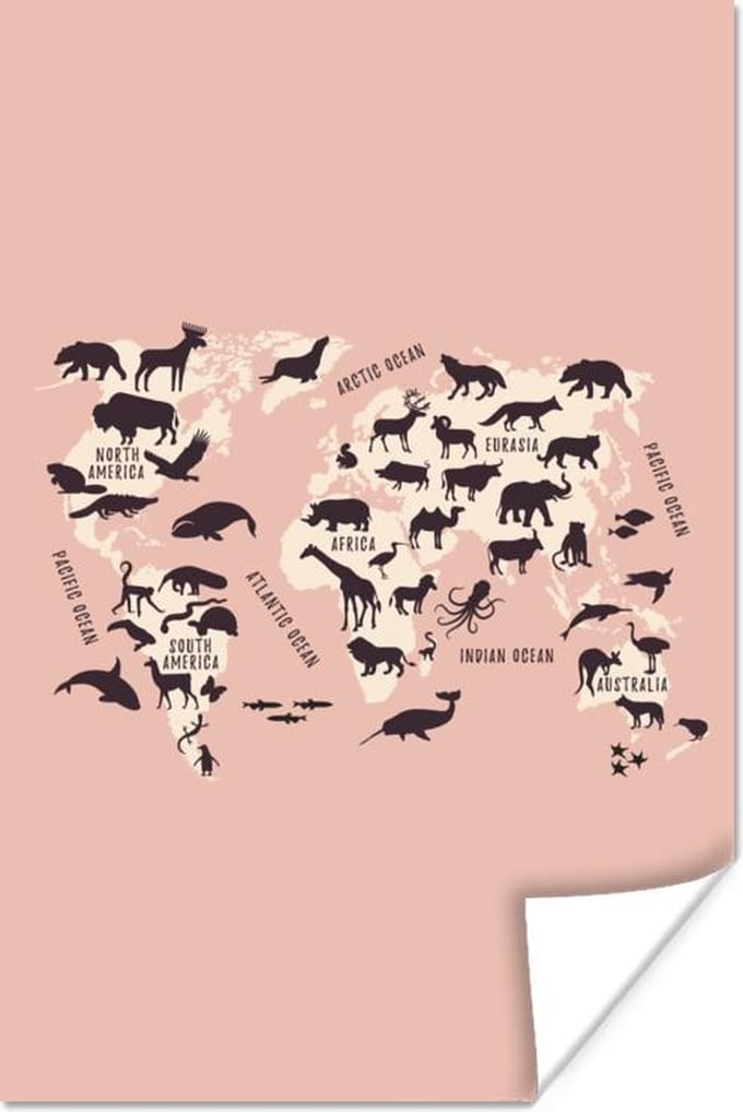 Poster - Wereldkaart - Dieren - Silhouet - 80x120 cm