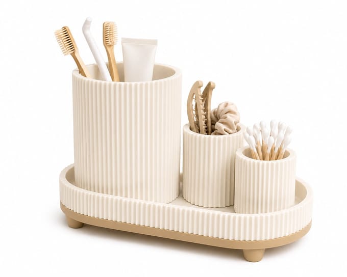 Badkamer Organizer Set – Tandenborstelhouder, Wattenstaafhouder & Opbergbakje