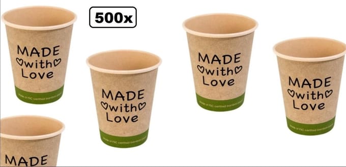 500x Koffiebeker Made with Love bamboe 250ml  next generation - Koffie thee chocomel soep drank water beker karton