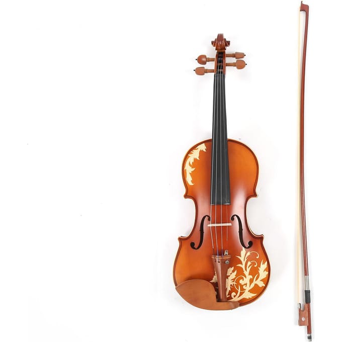 Houten Viool Set met Bloemen Carving, met Strijkstok, Snaren, Hars, Doekje, Brug, Koffer 4/4 AV‑608 brown
