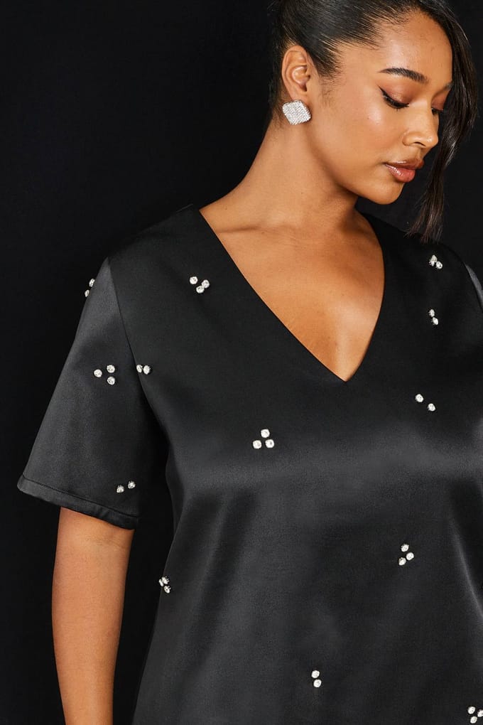 boohoo Dames Plus V-hals Shift Diamante Overall | Black | Maat: 16