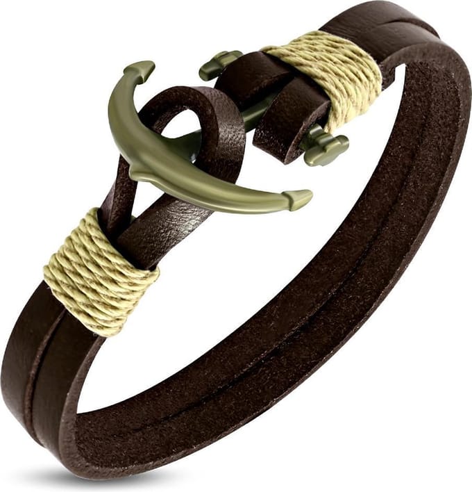 Amanto Armband Farrel Brown - Leer - 316L Staal - Anker - 10mm - 21cm