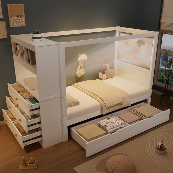 REDOM Bedframe 90x200 cm van hout/MDF – Met hemelstang, opbergkast met 5 lades en bureauruimte – Wit