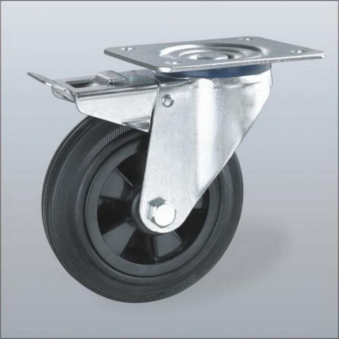 Rubber zwenkwiel geremd met topplaat - 100mm - 100kg