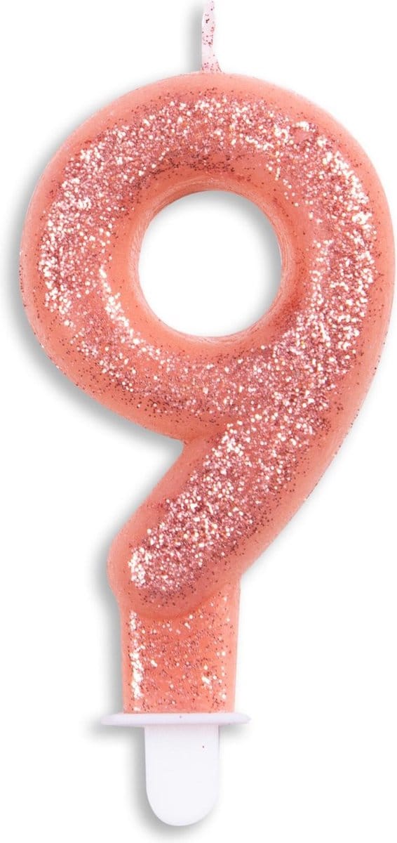 Cijfer kaars glitter rosé goud nr. 9