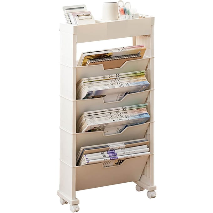 Klassenkamer Boekenkast Meerlaags met Universeel Wiel Boekopslag Planken voor Woonkamer beige