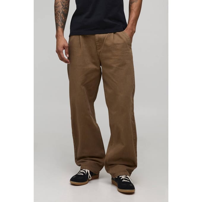 Relaxed Fit Half & Half Tailleband Gewassen Twill Broek | Tobacco | Size Medium