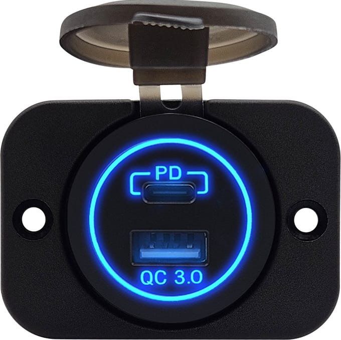 ProRide 12V USB/USB C Stopcontact 2 Poorten - Inbouw - QC3.0 - USB Autolader, Boot en Camper - Complete set - Blauw