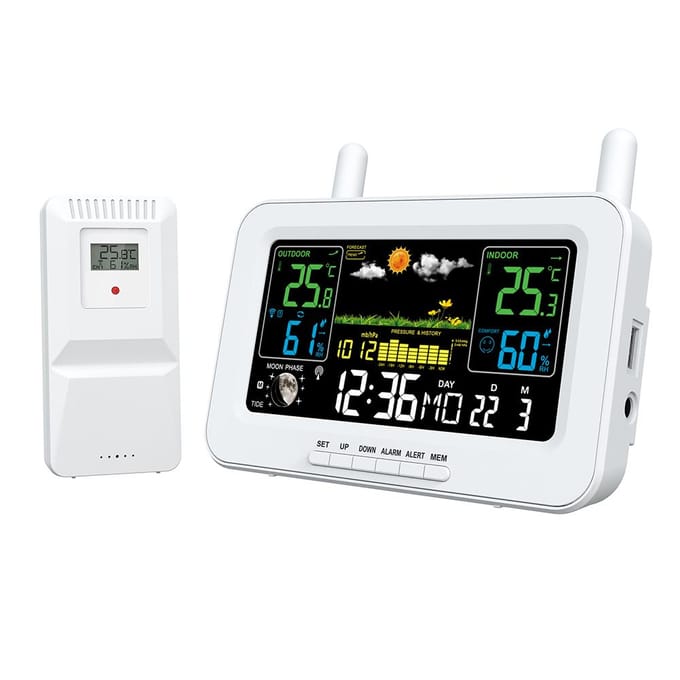 Weerstations Draadloze binnen-buitenthermometers LCD-kleurendisplay Temperatuur-vochtigheid US Plug wit