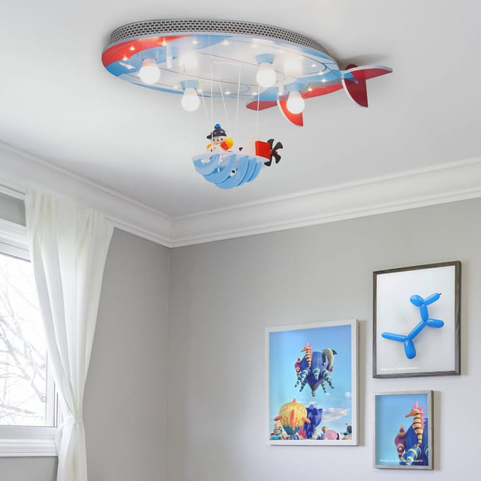 Elobra Plafondlamp luchtschip met Joe, blauw-rood-wit