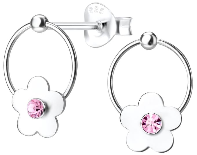 Joy|S - Zilveren bloem oorbellen - cirkel - kristal roze
