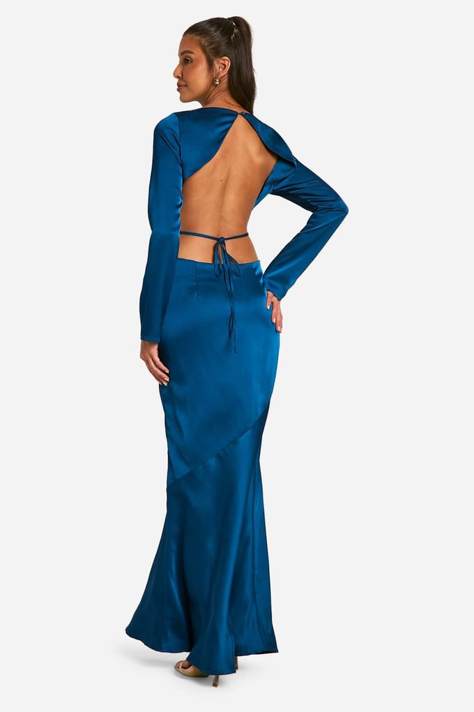 boohoo Dames Satijn Tie Back Maxi Jurk | Marineblauw | Maat: 46