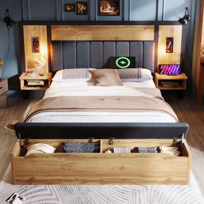 Polsterbed 160x200 met USB, Leeslamp en Opbergbank - bed - Eikenlook
