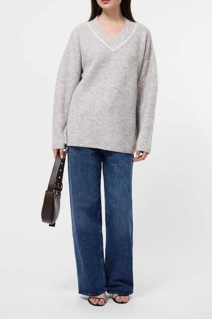 French Connection Kezia Vertical V Nk Jumper Stone Grey/w.white Größe: S | Longsleeves Outlet | Damen | Grau