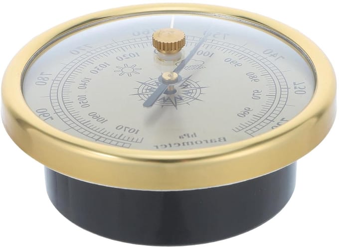 Aneroïde Barometer - Weerstation Thermometer - Luchtdruk Meten - Metalen Frame - 7 cm Diameter - Goud