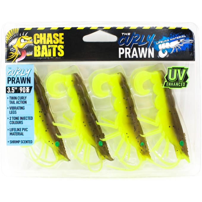 Chasebaits Curly Prawn 90 mm Leurre Coulant 4/Paquet Lime Tiger (4525)