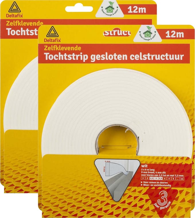 Deltafix Tochtstrip - 2x - tochtwering - wit - zelfklevend - universeel - 12 m x 9 mm x 4 mm