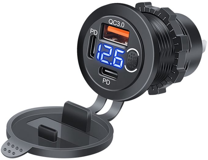 THAR USB-C Auto Oplader 45W – Snellader met Voltmeter - Blauw