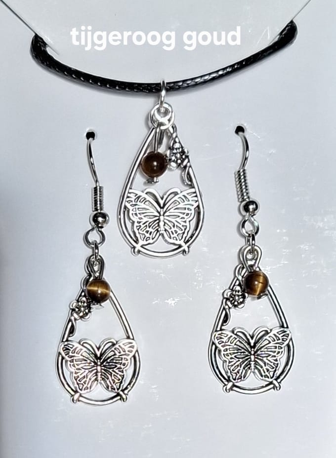 Set "Tijgeroog Goud" Waterdruppel / Vlinder Ketting / Oorbellen