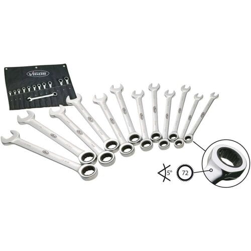 Vigor V1031 Steek-ringratelsleutelset 12-delig Sleutelbreedte (metrisch) 8 - 19 mm