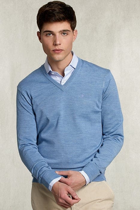 River Woods Basic Merino V-neck Pullover Dark Chambray Mix Blue Größe: M | Pullover Outlet | Herren | Blau