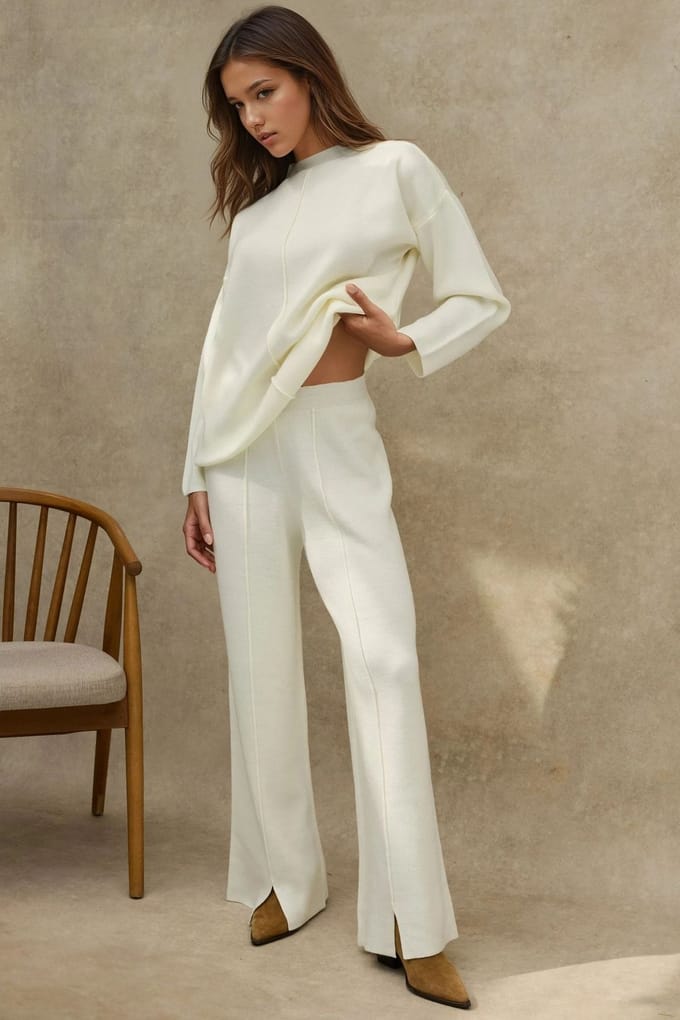 Lang Sweater & Hoge Taille Wijde Pijpen Brei Set