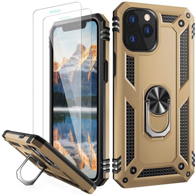 Hoesje Geschikt voor iPhone 12 Mini hoesje - Hardcase - Tough armor ring Goud + 2 stuks screenprotector