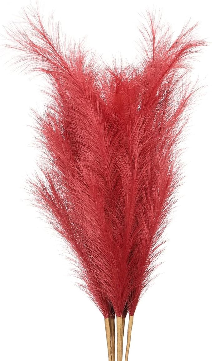 37 Inch Long Pampas Decoration - 7 Pieces Large Artificial Pampas Bulk - Long Fluffy Artificial Grass - Dried for Home Boho Decoration - Vase Wedding Wall Ground Dark Red