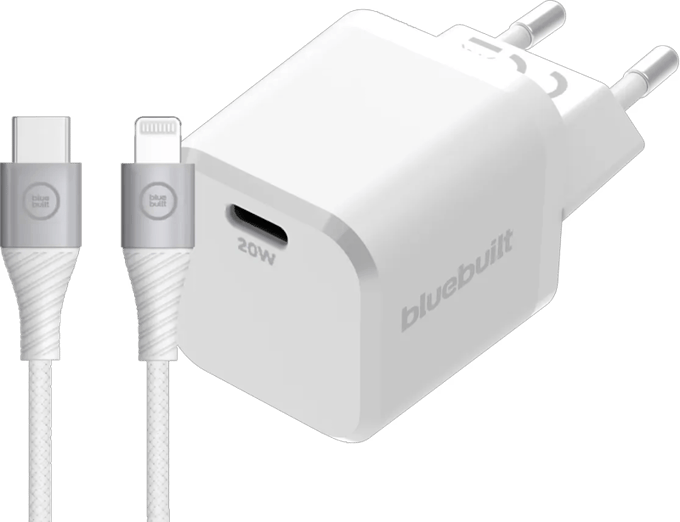 BlueBuilt Power Delivery Oplader 20W + Lightning Kabel 1,5m Nylon Wit