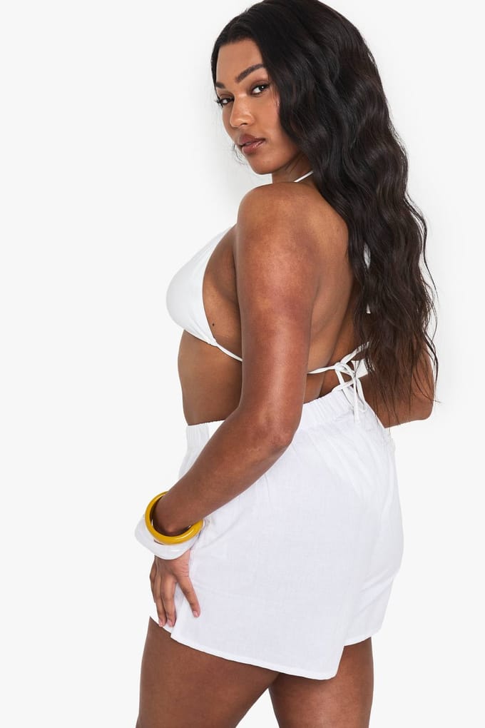 boohoo Dames Plus Linnen Badshorts met Kralen | Wit | Maat: 24/26