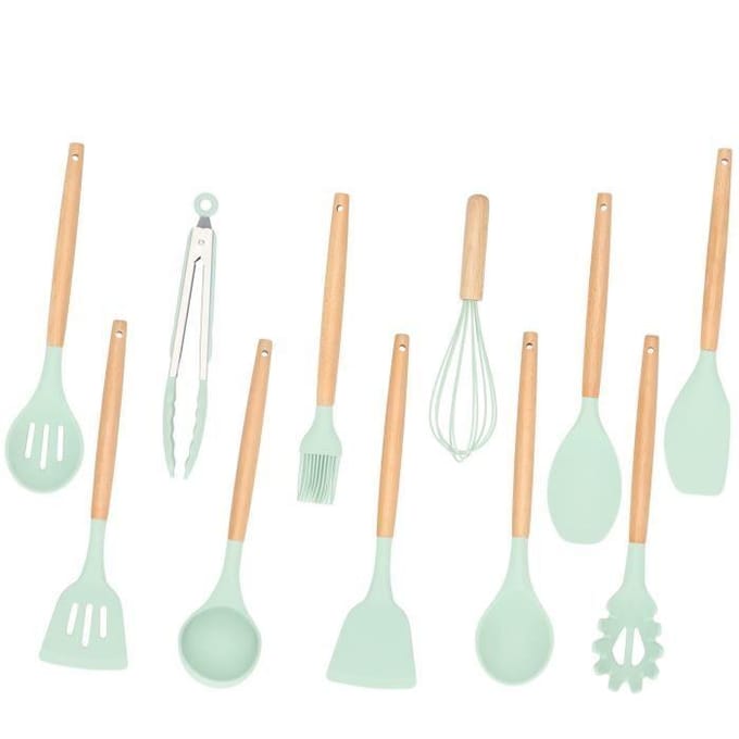 Springos Kookgerei Set | 12 Delig | Keukengerei Siliconen Set | Bamboe/ Siliconen | Mint
