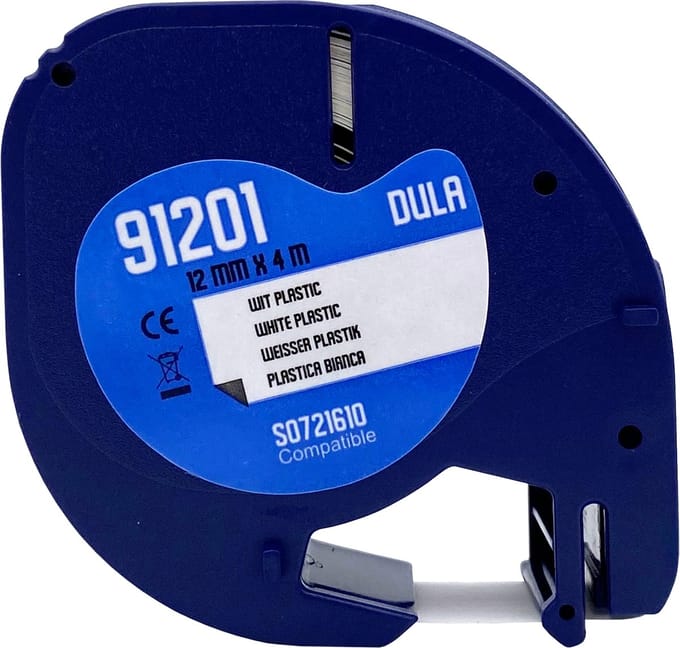 DULA - Dymo LetraTag 91201 - S0721610 - Label Tape - Zwart op Wit plastic - 12mm x 4m - 1 Stuk