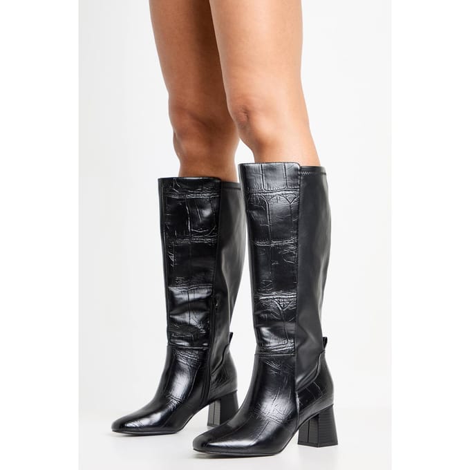 boohoo Dames Brede pasvorm stretch kniehoge flared boots met blokhakken | Black Croc | Maat: 3